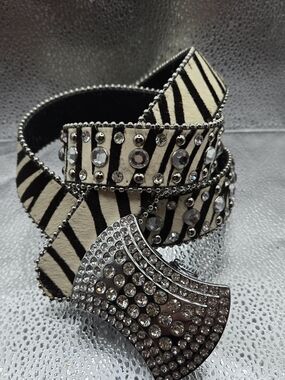 Zebra Print Crystal Studded Women’s Leather Belt
